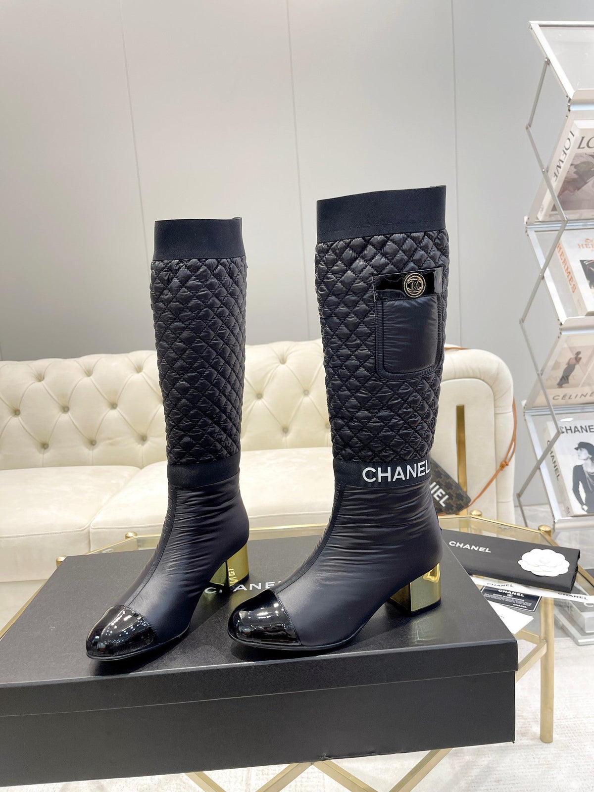 CC 26S Pocket Quilted Jumping Boots 5.5cm Black Nylon Fabric 117695
