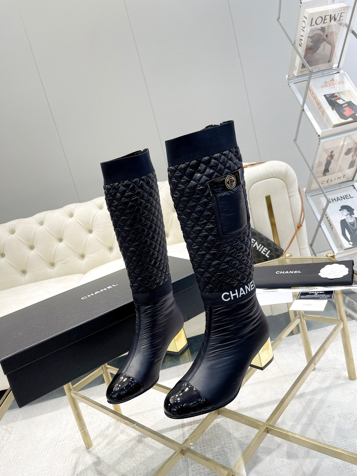 CC 26S Pocket Quilted Jumping Boots 5.5cm Black Nylon Fabric 117695