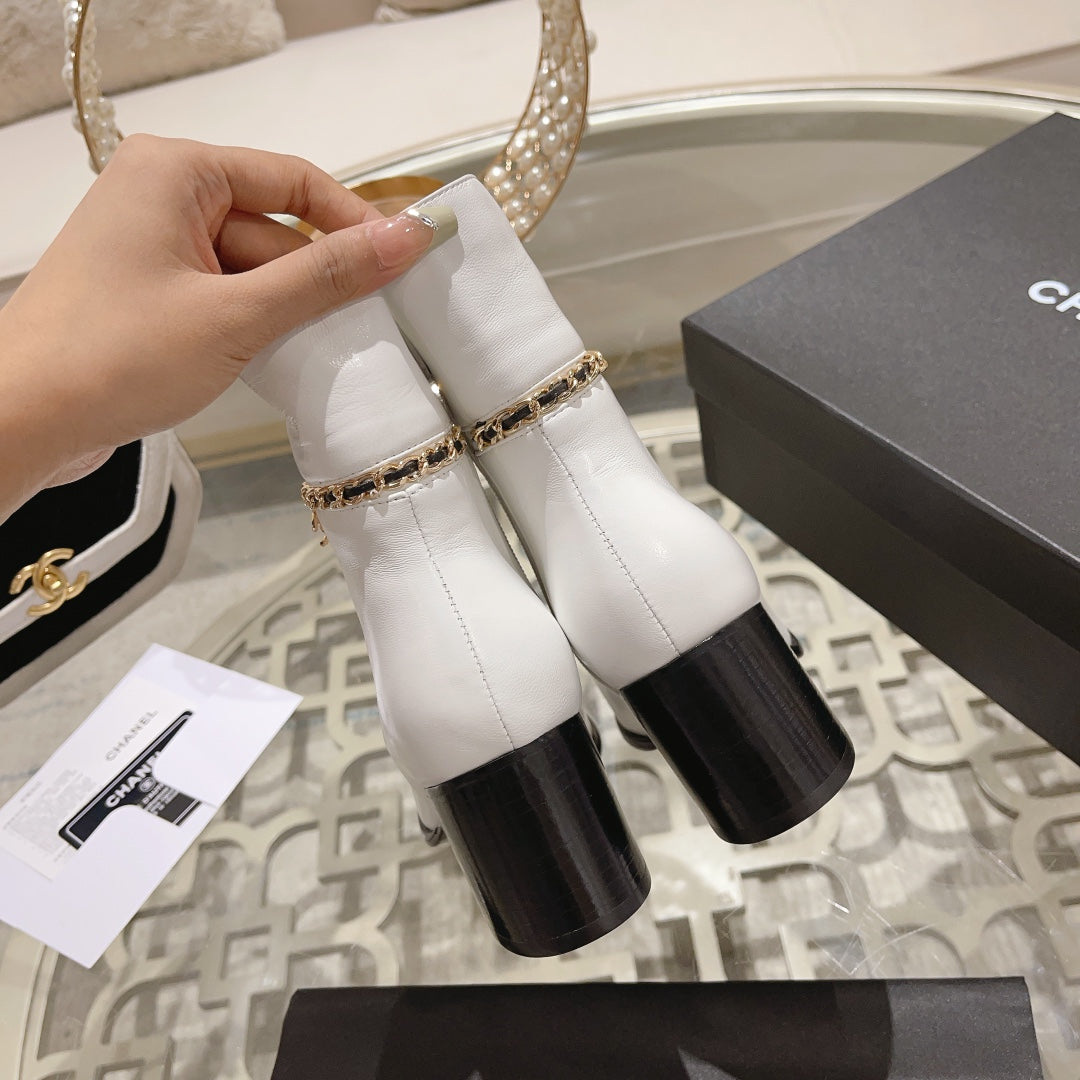 CC 26s Chain Charm Cap Toe Ankle Boots White Leather 166064