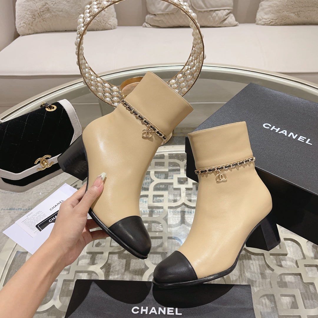 CC 26s Chain Charm Cap Toe Ankle Boots Beige Leather 166065
