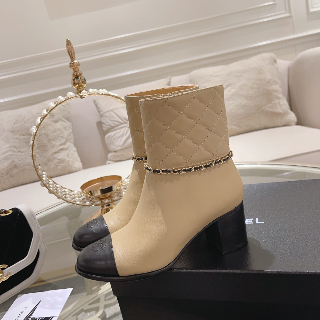 CC 26s Quilted Cap Toe Ankle Boots Beige Leather 166068