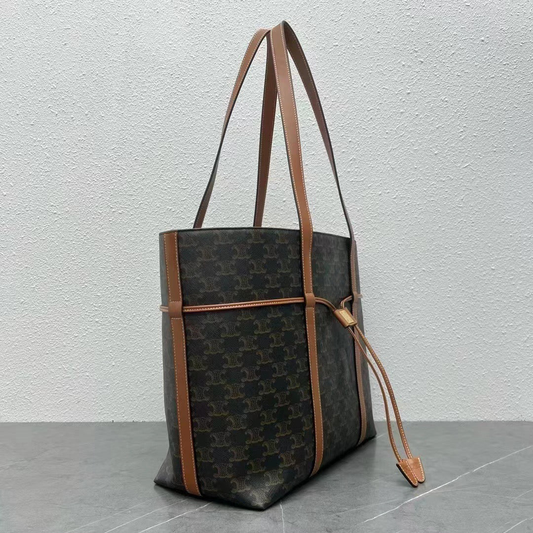 Celine Cabas Drawstring Bag Triomphe Black Brown Canvas & Calfskin