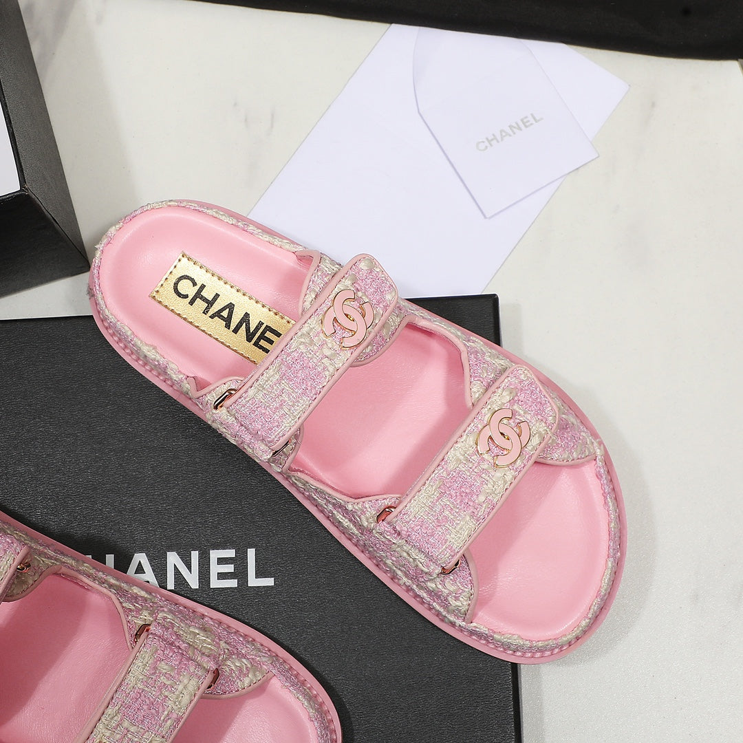 CC SS26 Dad Sandals Pink White Tweed Lambskin 678968