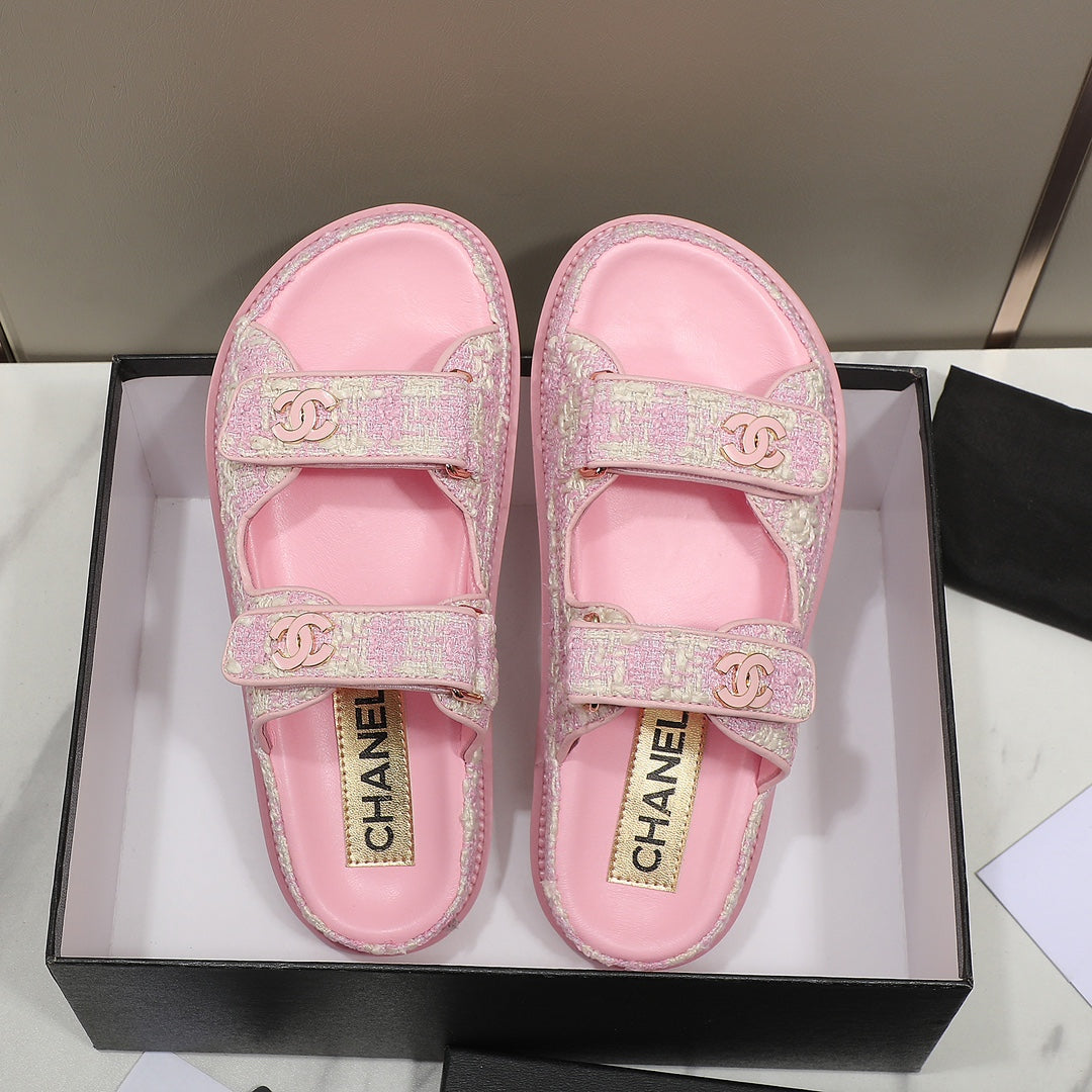 CC SS26 Dad Sandals Pink White Tweed Lambskin 678968