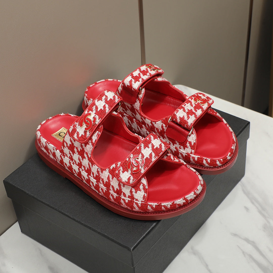 CC SS26 Dad Sandals Red White Tweed Lambskin 678968