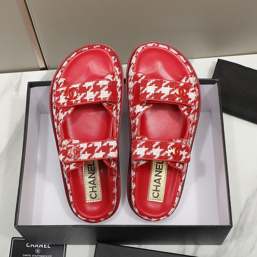 CC SS26 Dad Sandals Red White Tweed Lambskin 678968