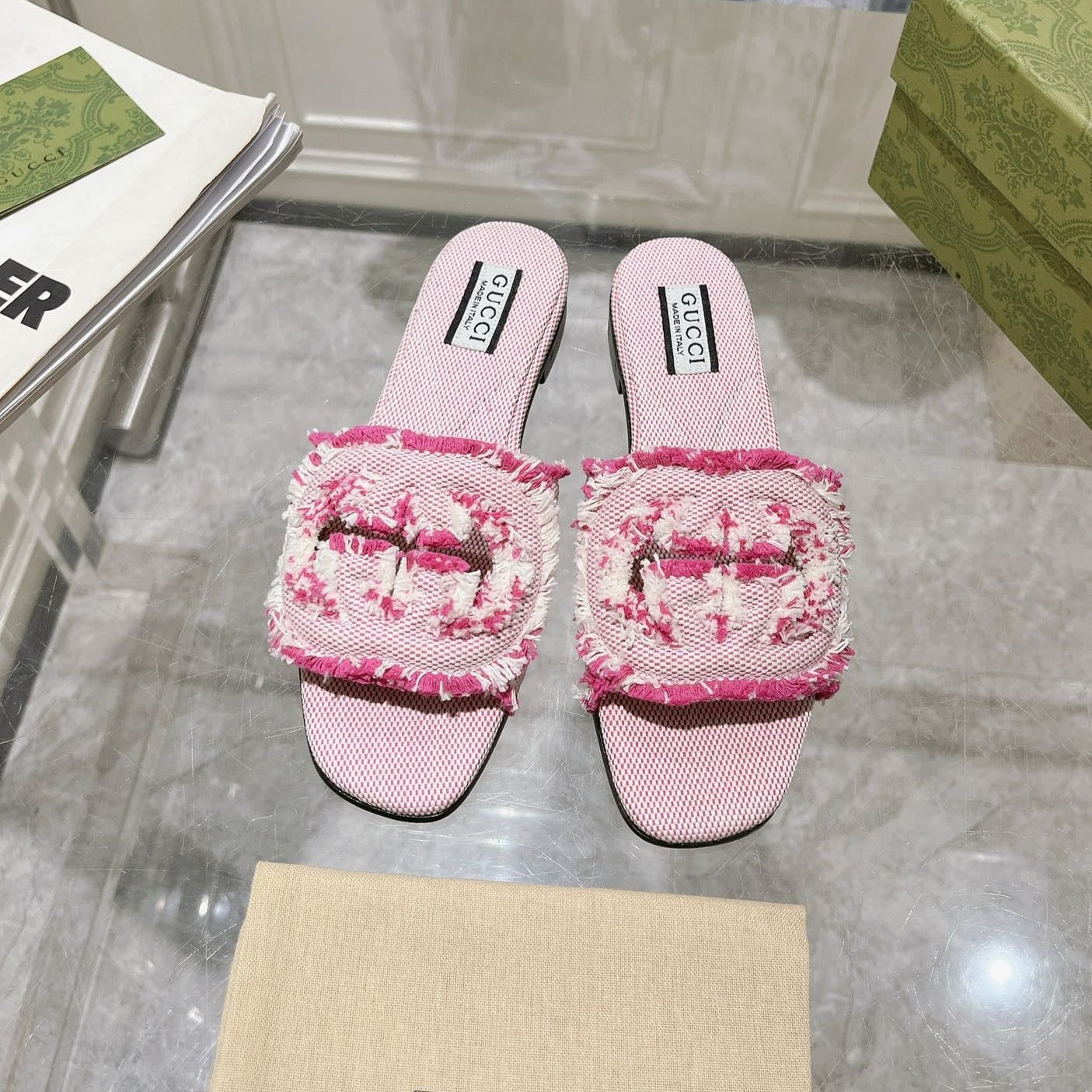 GG Interlocking double G hollow slippers Neon pink