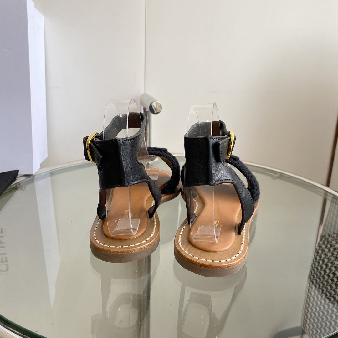 LYMPIA SANDAL IN BLACK TRIOMPHE MACCRAMÉ COTTON AND CALFSKIN