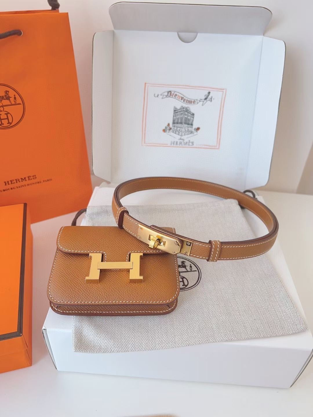 hm kelly belt 18mm with constance slim brown epsom gold hardware