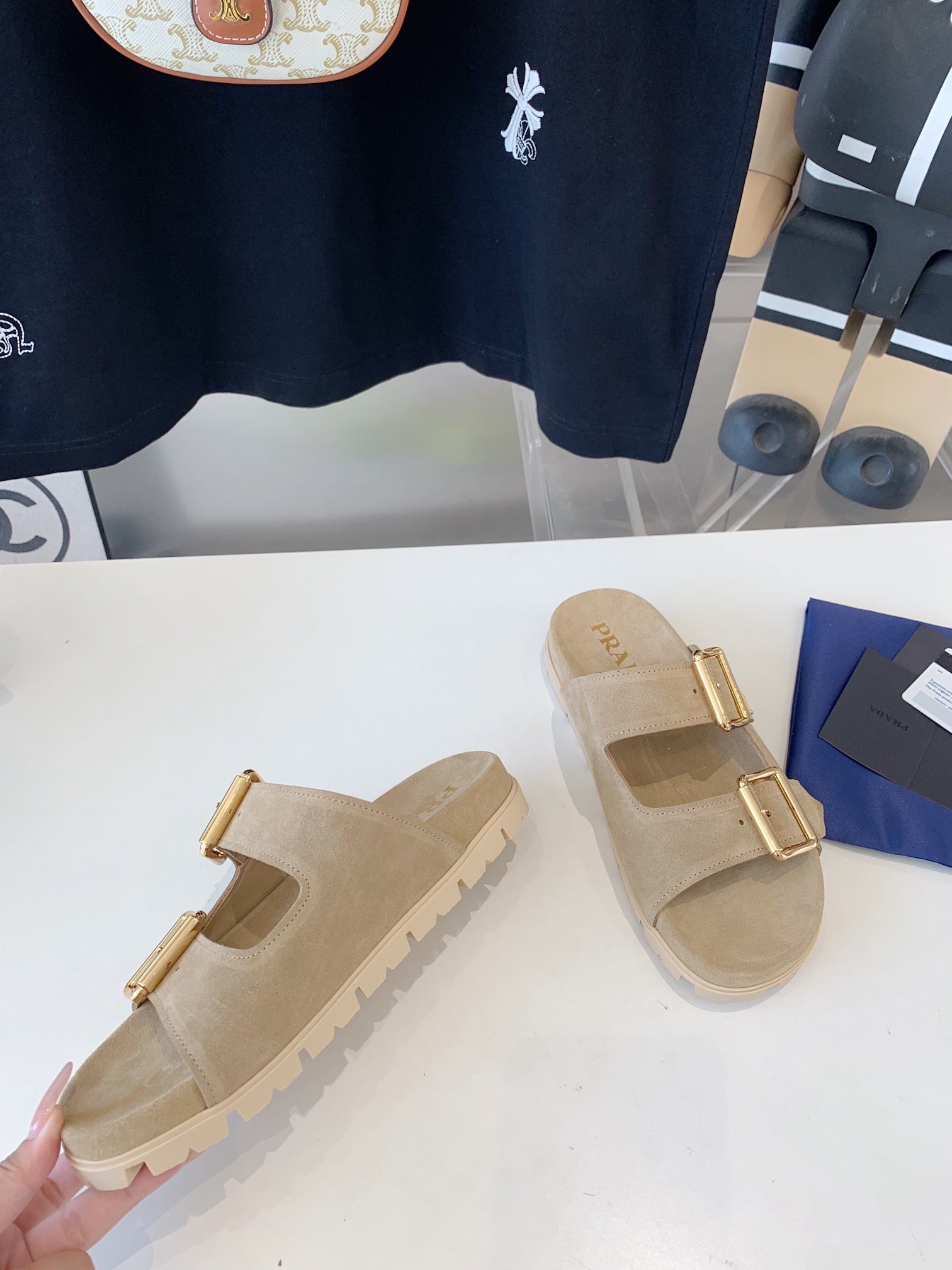 PRA STRAP SLIDES SANDALS BEIGE SUEDE 0001