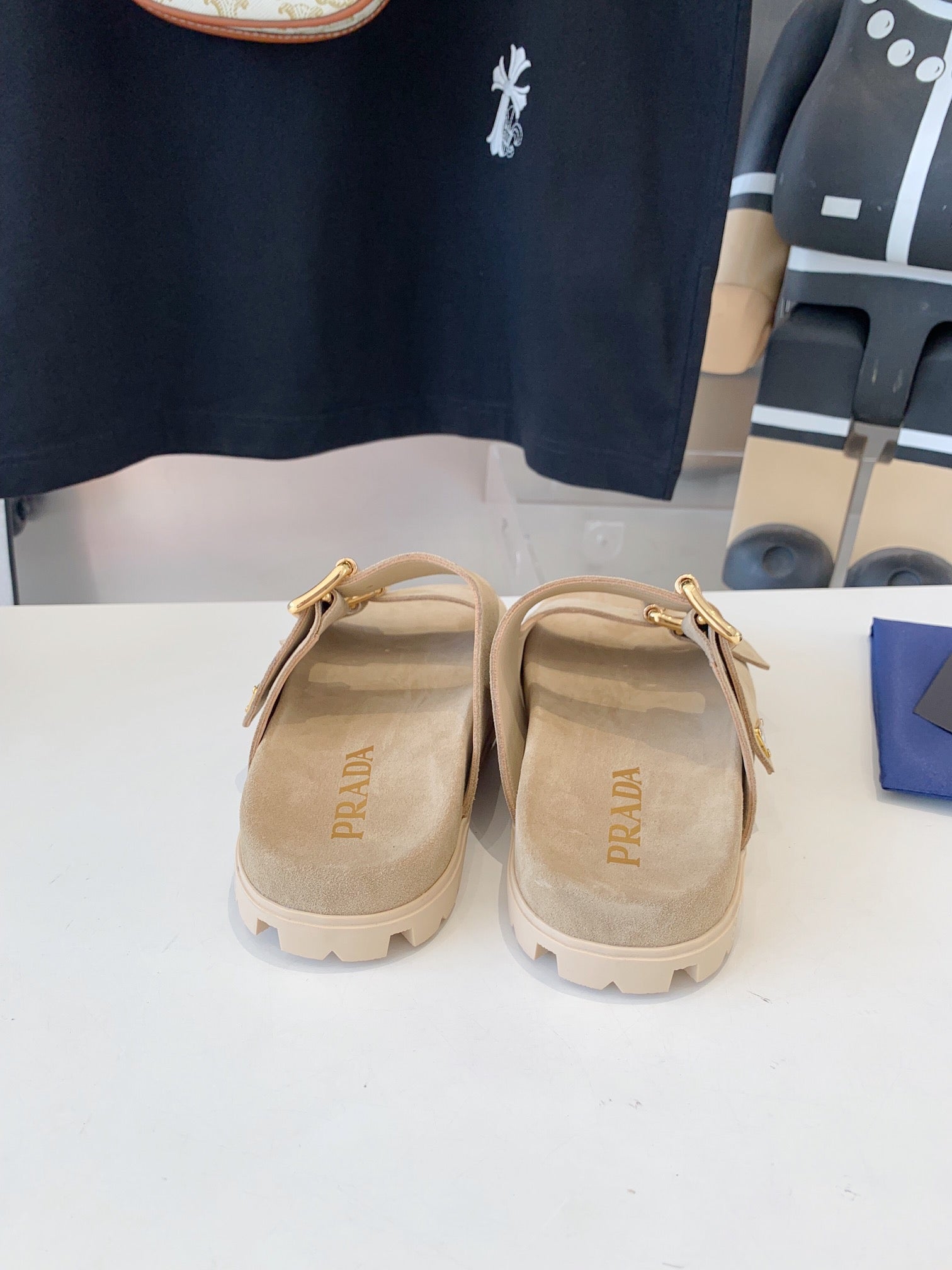 PRA STRAP SLIDES SANDALS BEIGE SUEDE 0001