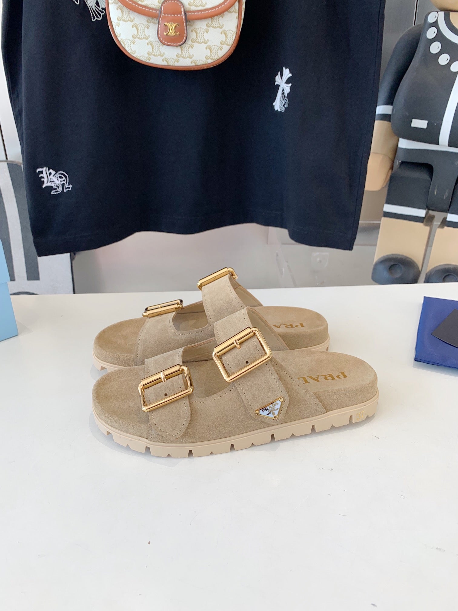 PRA STRAP SLIDES SANDALS BEIGE SUEDE 0001