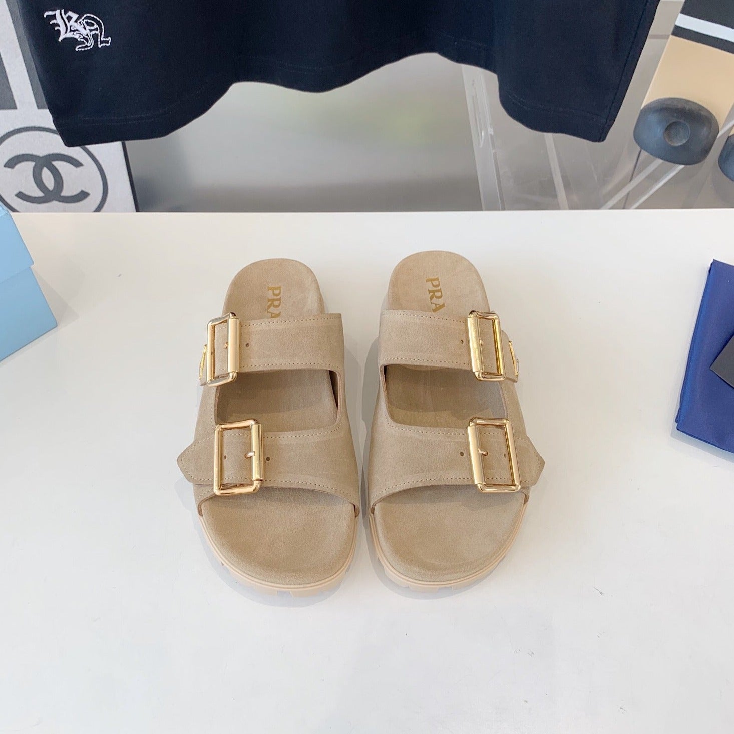 PRA STRAP SLIDES SANDALS BEIGE SUEDE 0001