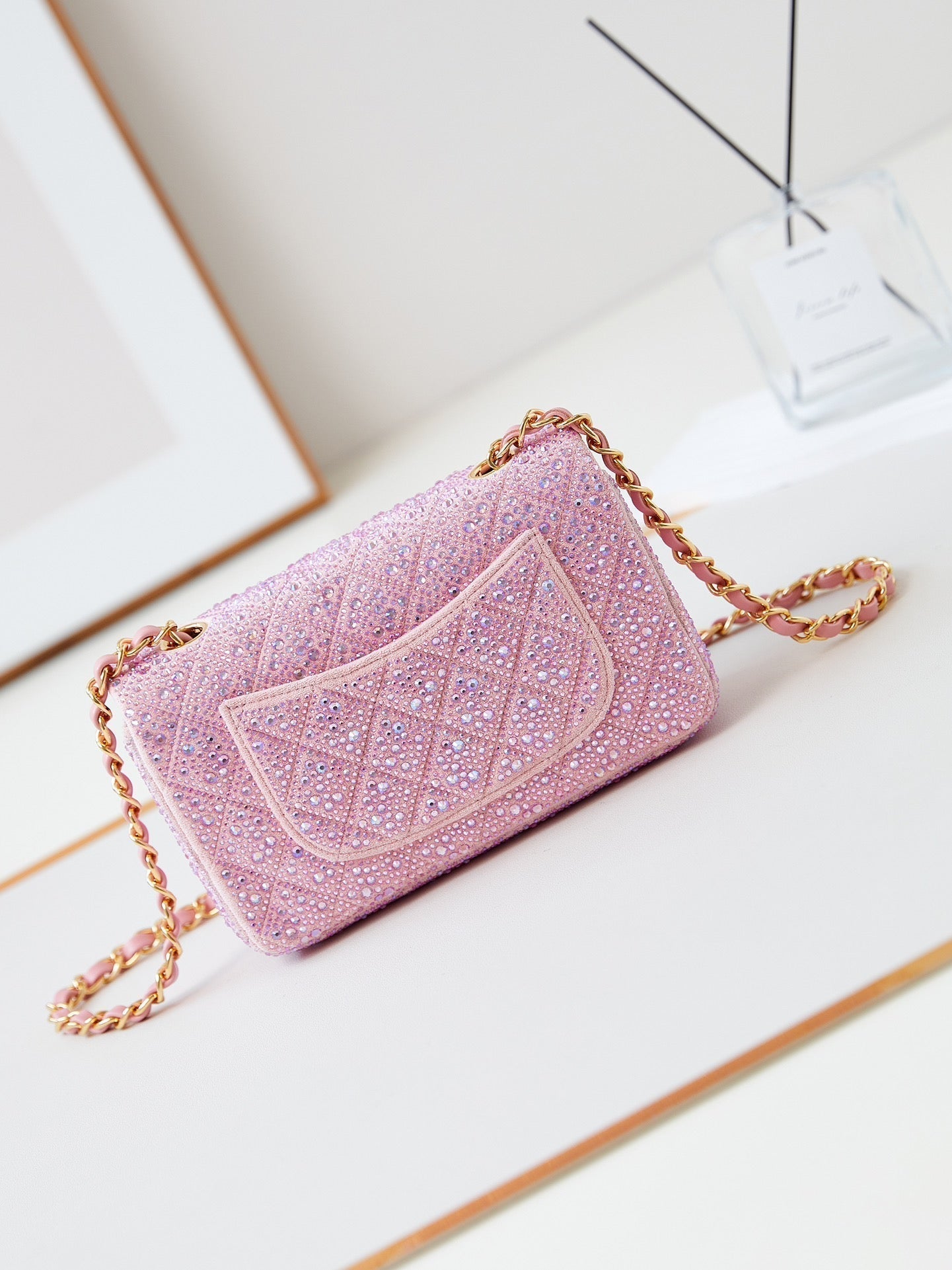 24b mini flap bag 20cm pink lambskin silver purple diamond