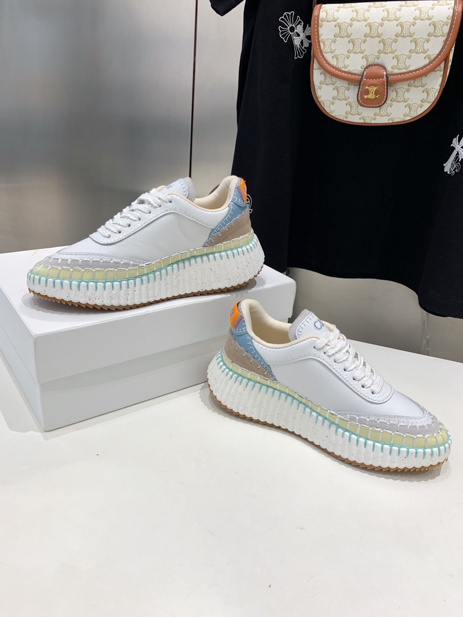 CHLOÉ NAMA SNEAKER 5 CM IN WHITE MIX GREEN CALFSKIN