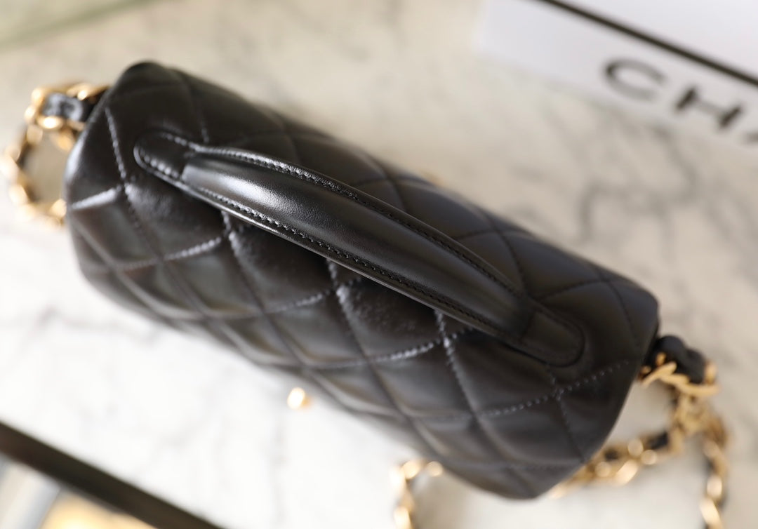 cc 24a flap bag 20cm top handle black lambskin gold hardware