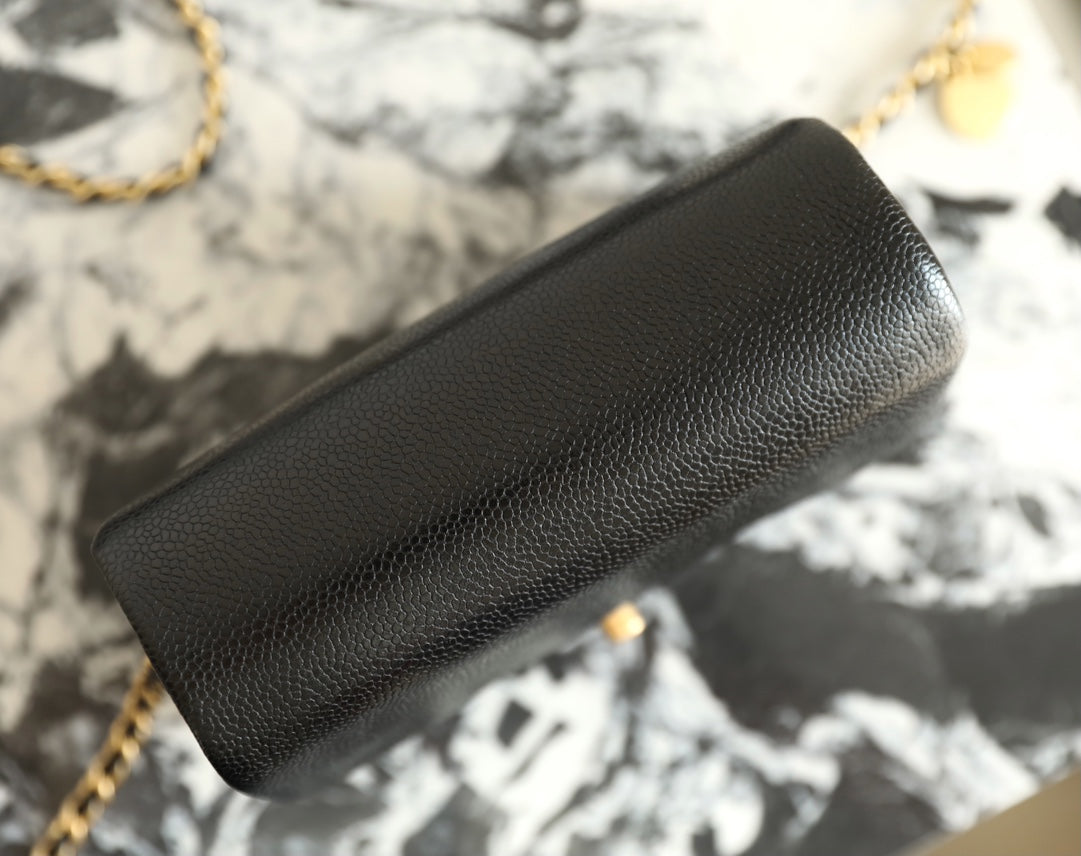 CC Caviar Flap Bag 17.5 Gold Logo Black Calfskin
