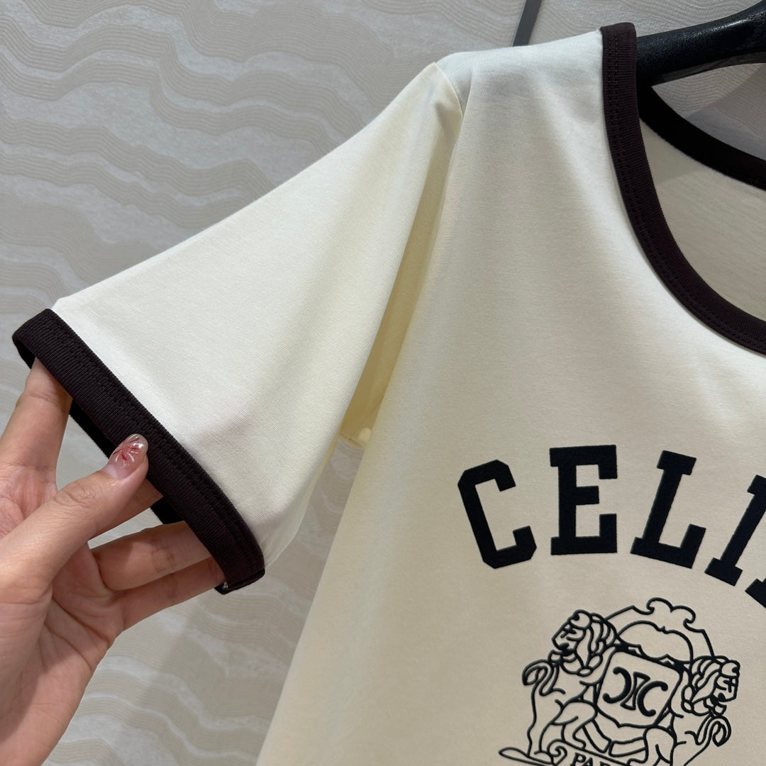 Celine 25 Arc de Triomphe Letter Short Sleeve T-shirt Off-white mix Black Cotton