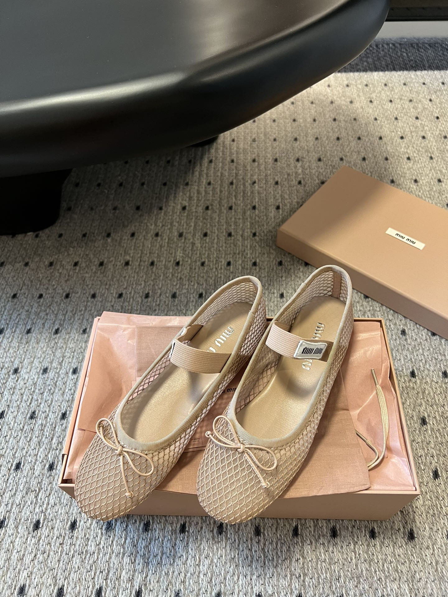 Miu 26s Ballerinas In Beige Mesh Fabric With Bow