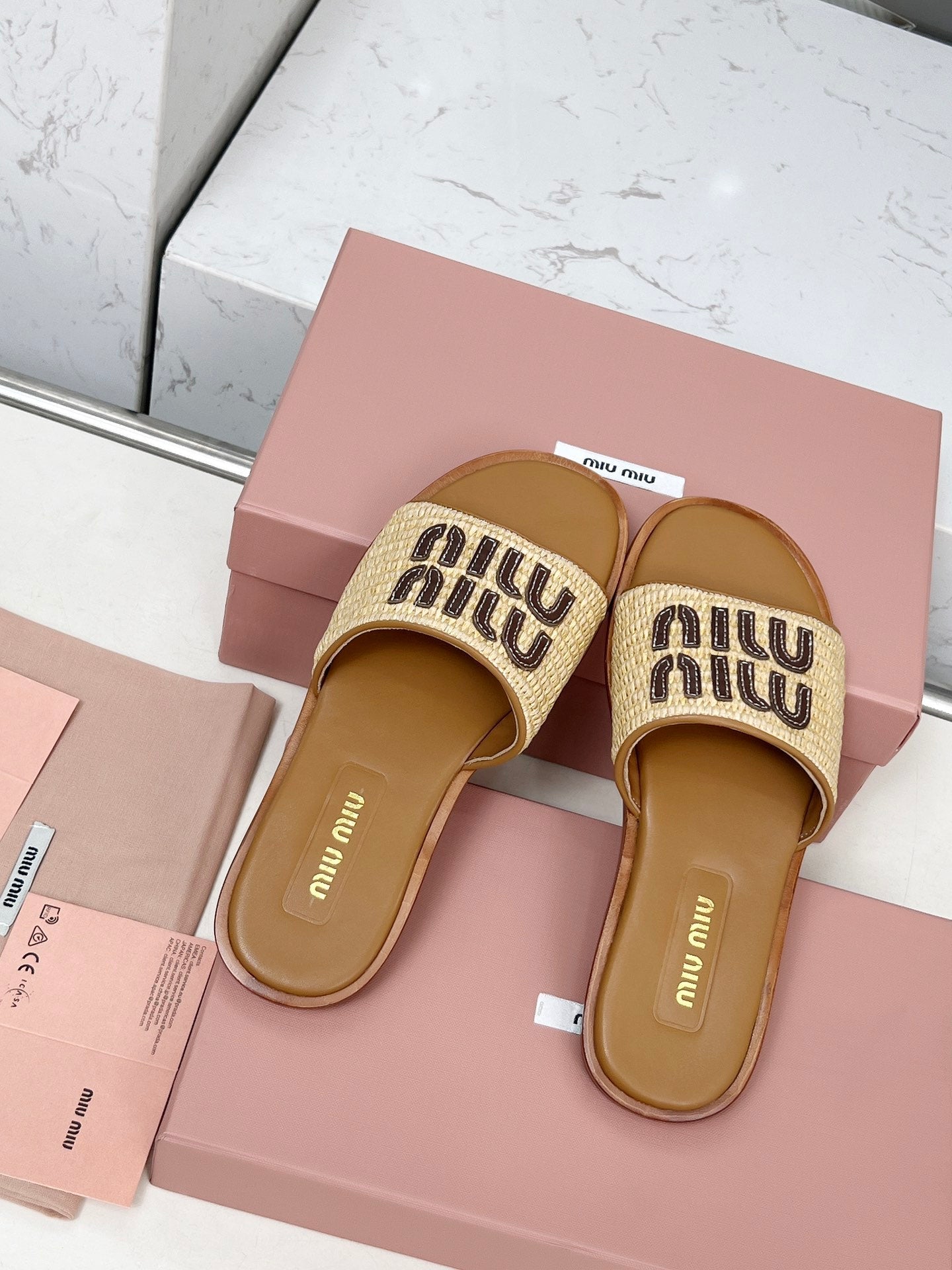 Miu Logo-Patch Slides Beige Brown Leather Raffia 935778