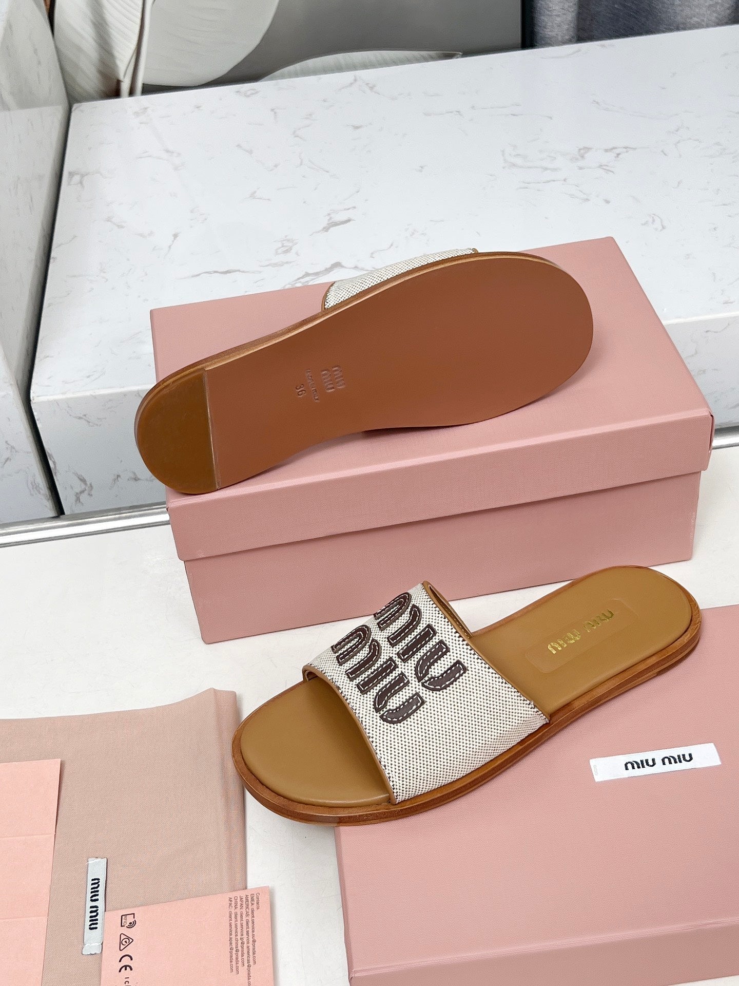 Miu Logo-Patch Slides Brown White Leather Canvas 935775