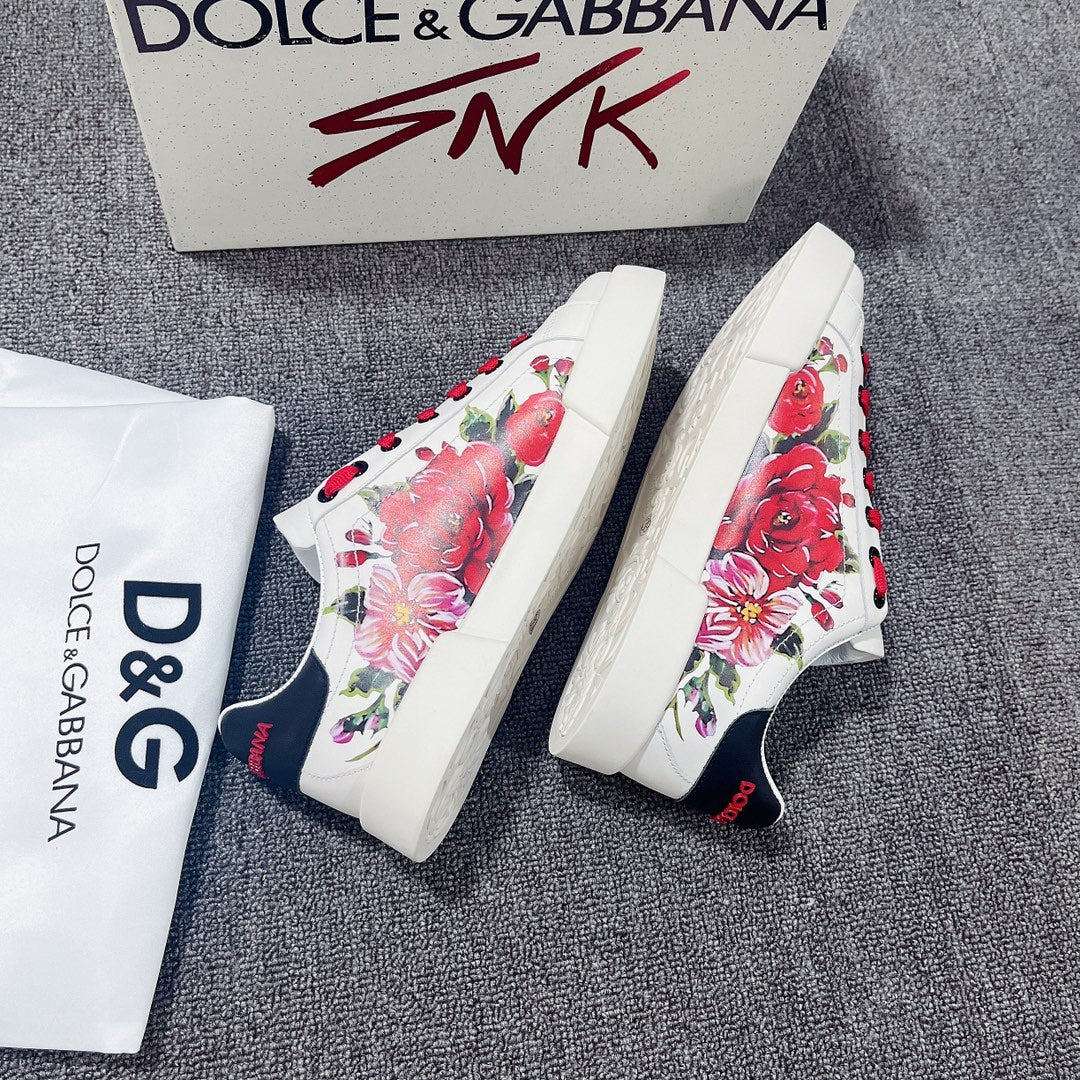 DC Portofino Sneakers White Red Floral-Print & Sheepskin 288469