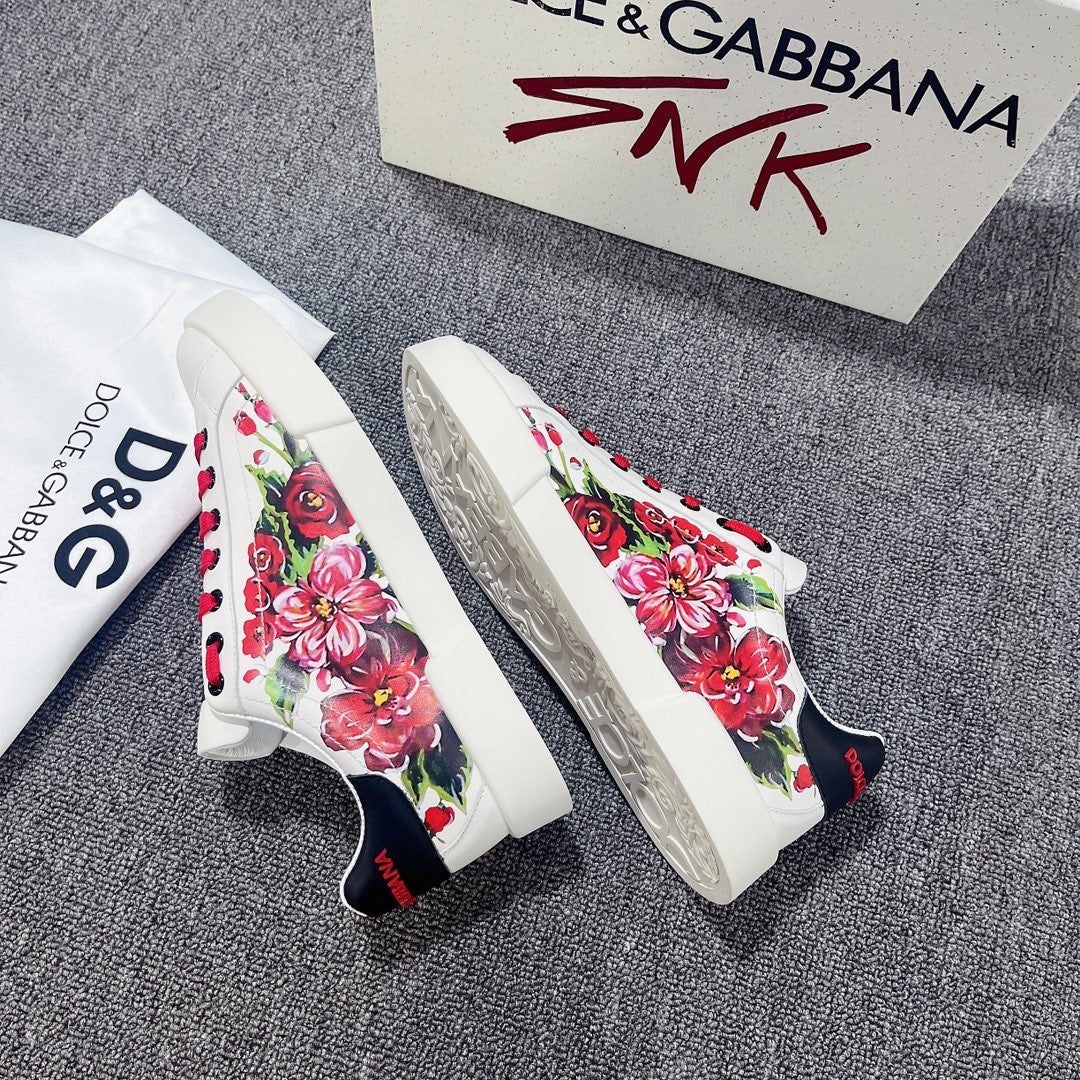 DC Portofino Sneakers White Red Floral-Print & Sheepskin 288469