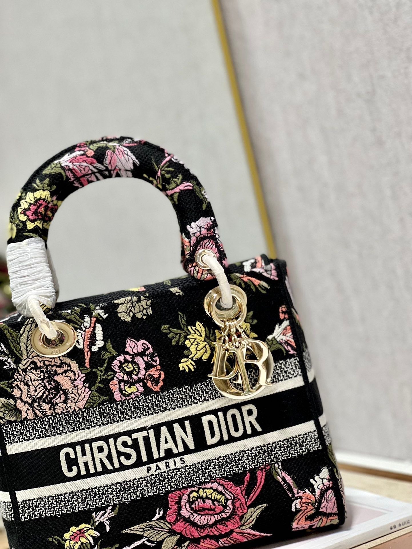 CD Glenflower Black 24 Lady Dior Bag Canvas 336727