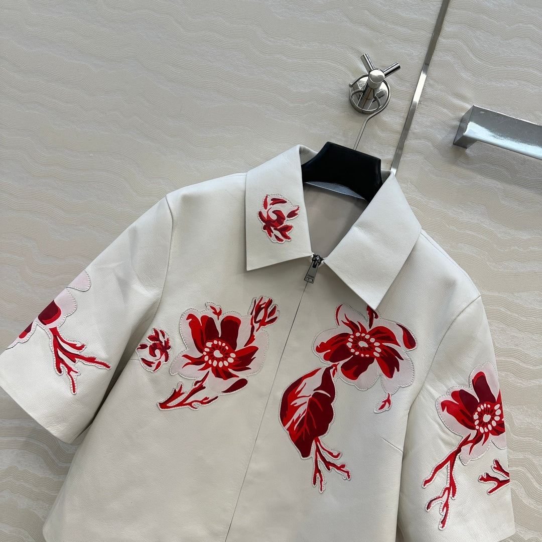 Fendi 26s Floral Inlay Cropped Leather Jacket White Lambskin 427220
