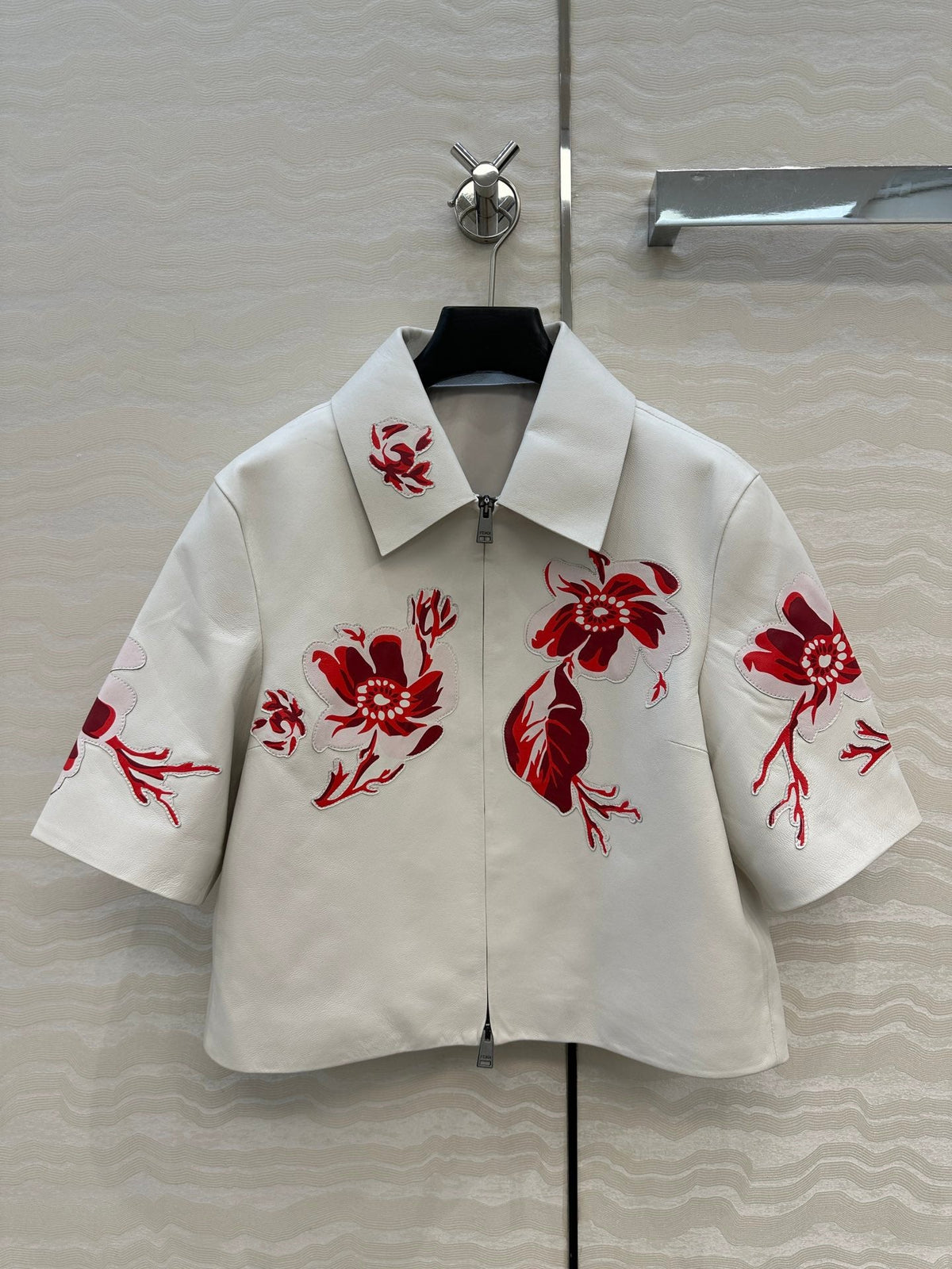 Fendi 26s Floral Inlay Cropped Leather Jacket White Lambskin 427220