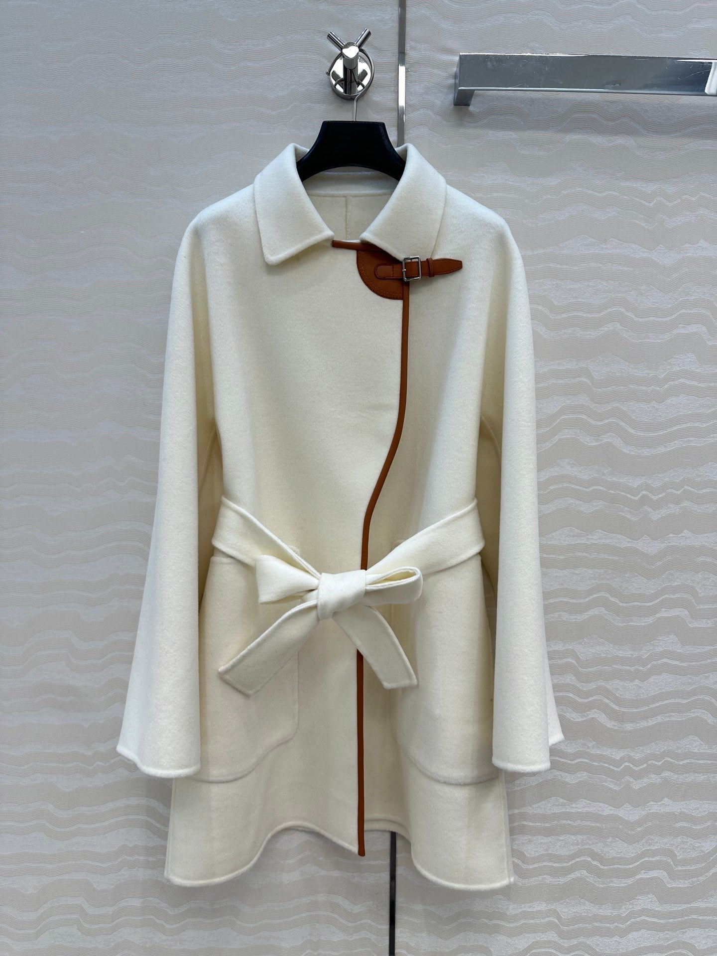 HM SS26 Leather Trimmed Coat Ivory Wool Cashmere 351141