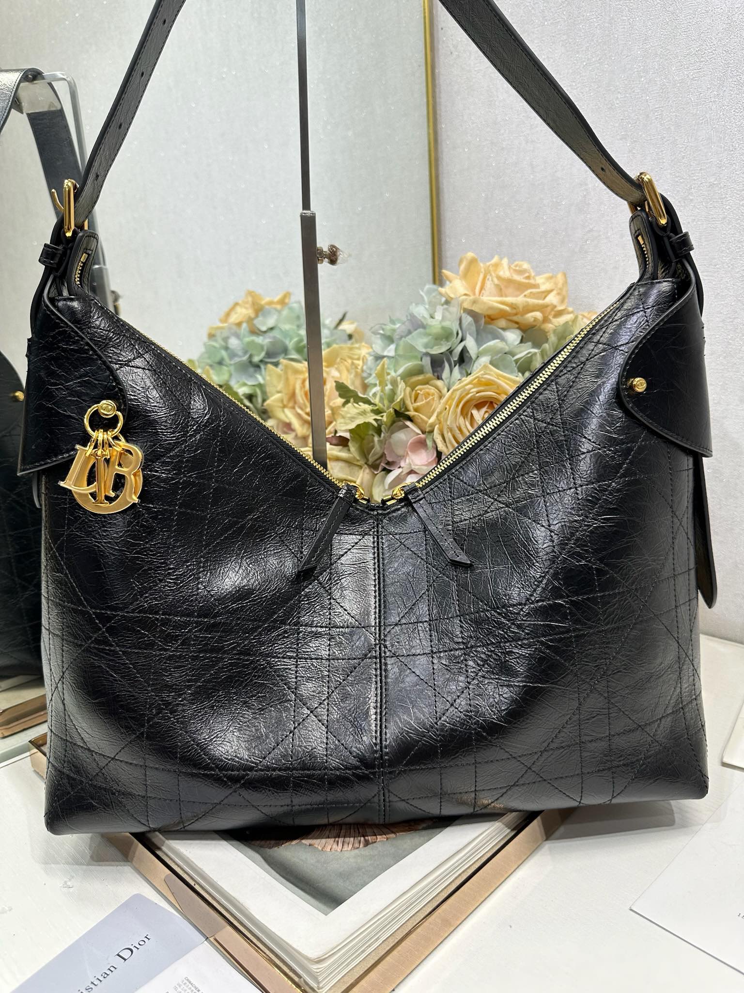 CD Large Dior Voyage Bag 34cm Black Glossy Macrocannage Calfskin 288644