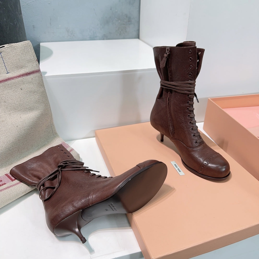 Miumiu 25 Low-heeled Ankle Boot Chocolate Brown Cowhide 511262