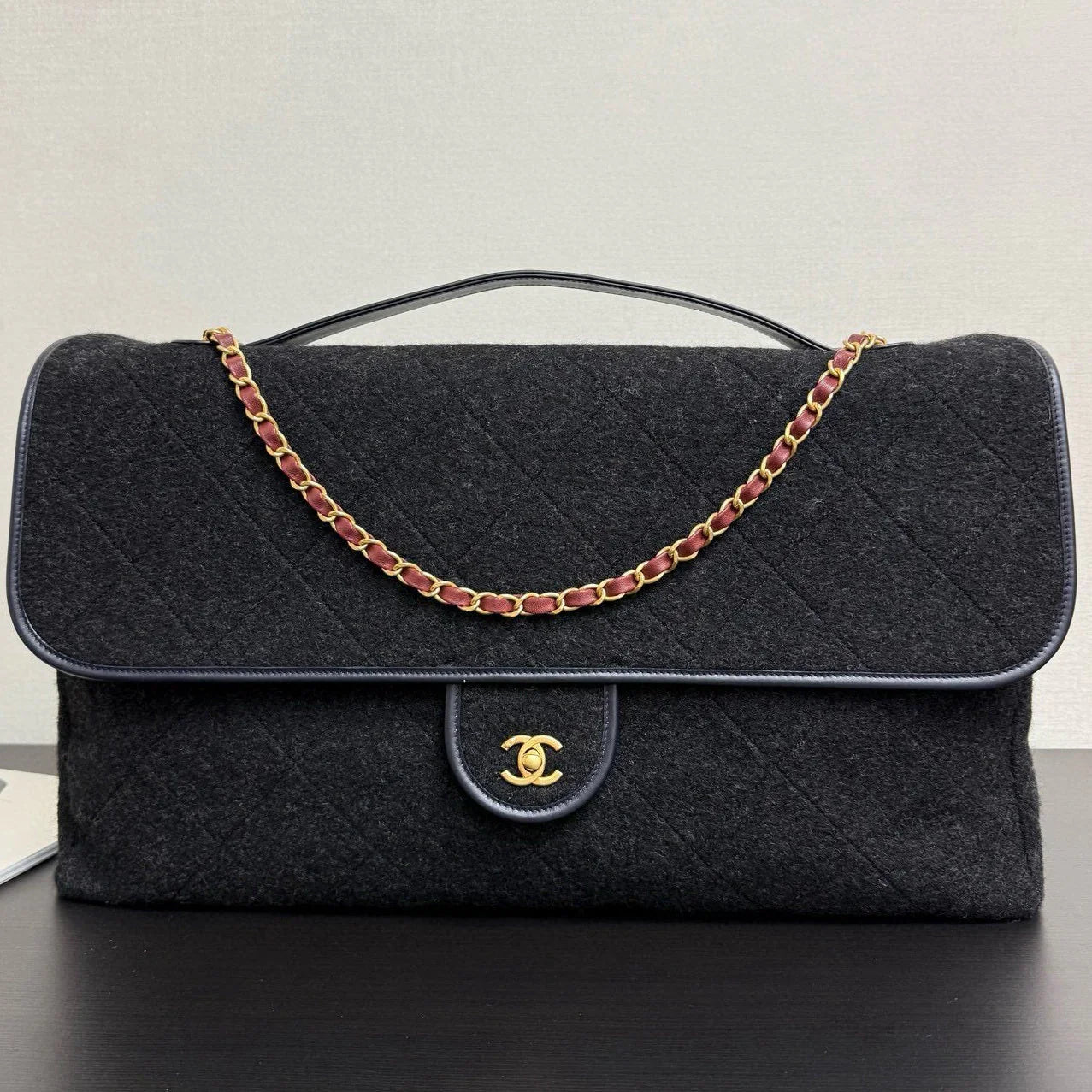 Chanel 2025 Maxi Flap Bag With Top Handle 56cm Black Wool Leather