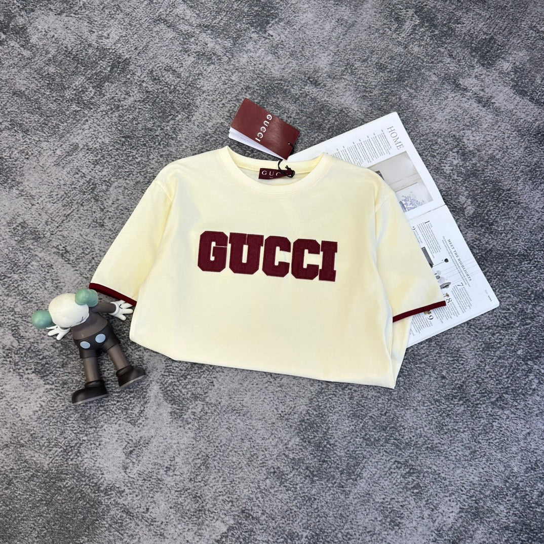 GG SS26 Logo-embroidered T-shirt Cream Burgundy Cotton 350812