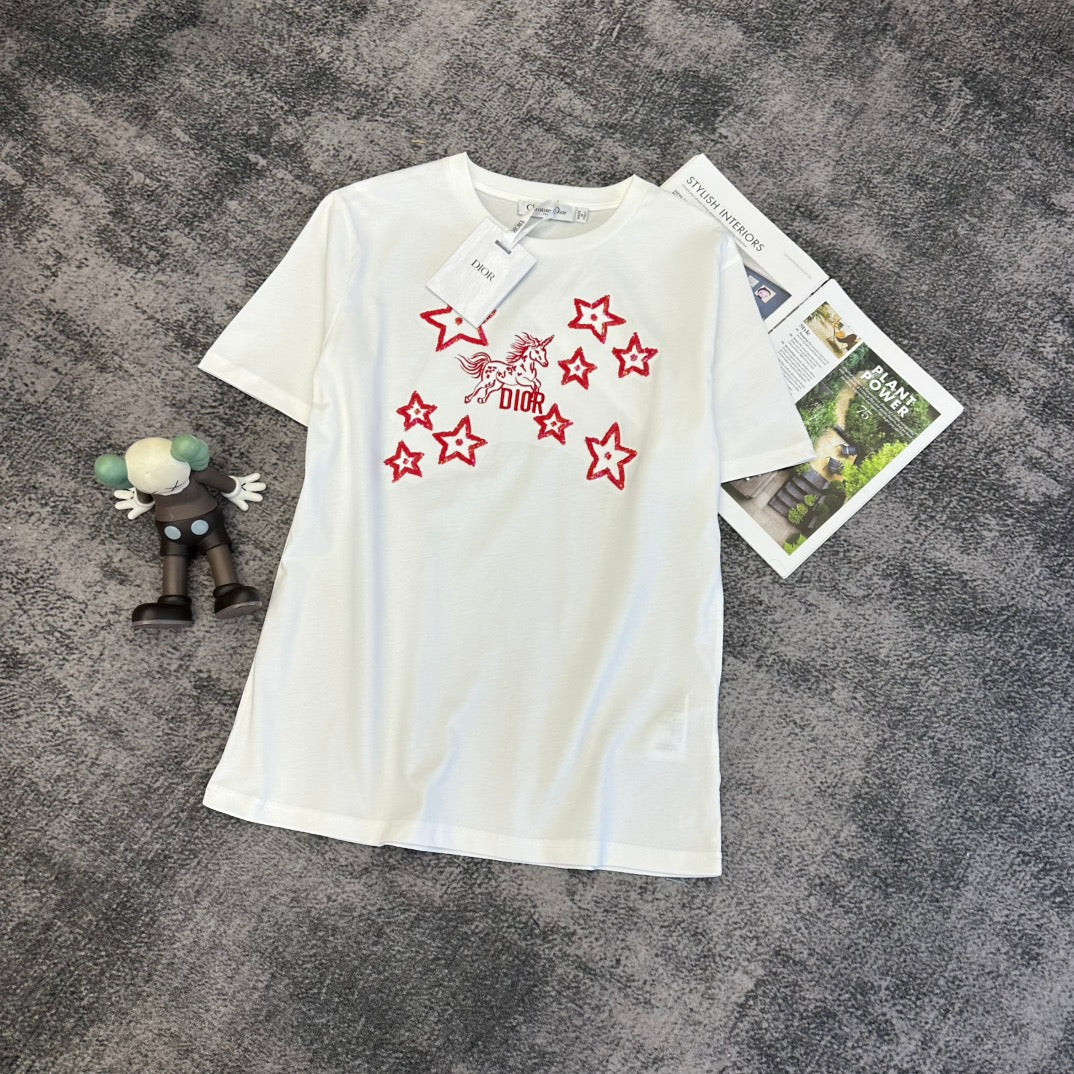 CD SS26 Embroidery Unicorn Stars T-shirt Cotton 350679