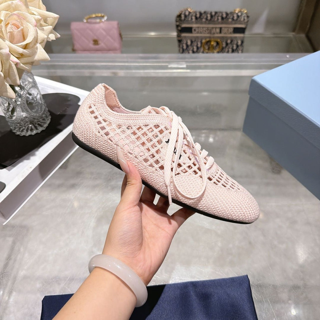 Prada 26s Lace Up Openwork Knit Sneakers Blush Pink Knit Fabric