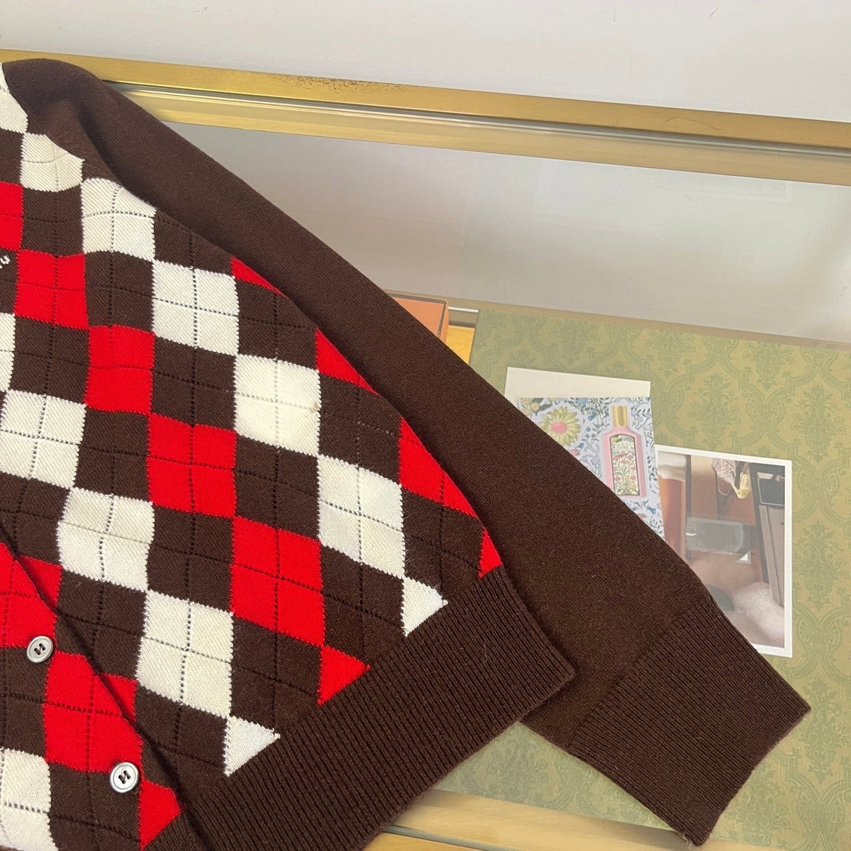 Miumiu 2026 Argyle Pattern Cardigan Dark Brown Cashmere 435392