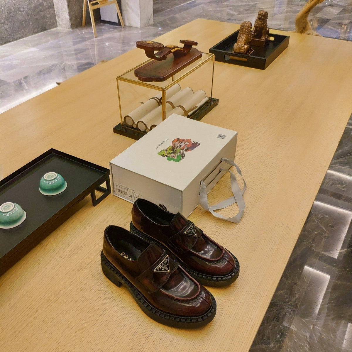 Prada 26S Penny Loafers 55mm Burgundy Red Patent Calfskin