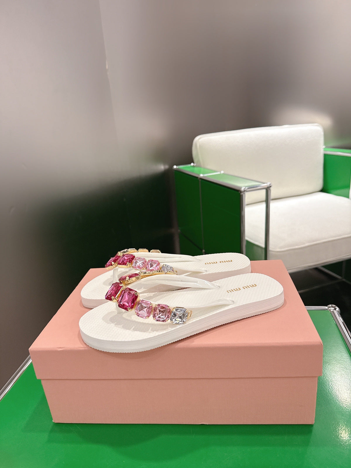 Miumiu 26s Thong Sandals White Eva Pink Crystal-embellished