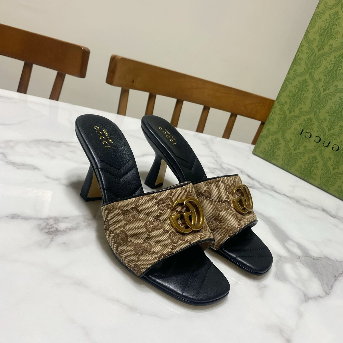 Gucci 26s Heeled Slides 7.5cm Sand Brown Canvas And Black Lambskin