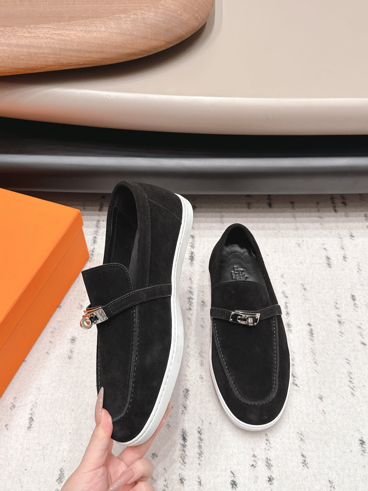 HM 26S Kelly Paris Loafers Black Suede Silver Hardware