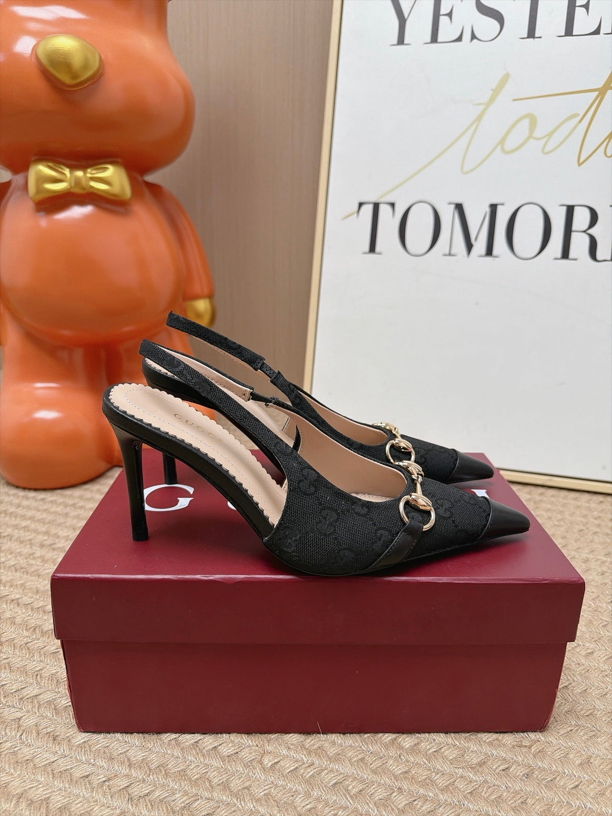 Gucci 26s Slingback Heels 10.5cm Black Canvas Mix Lambskin