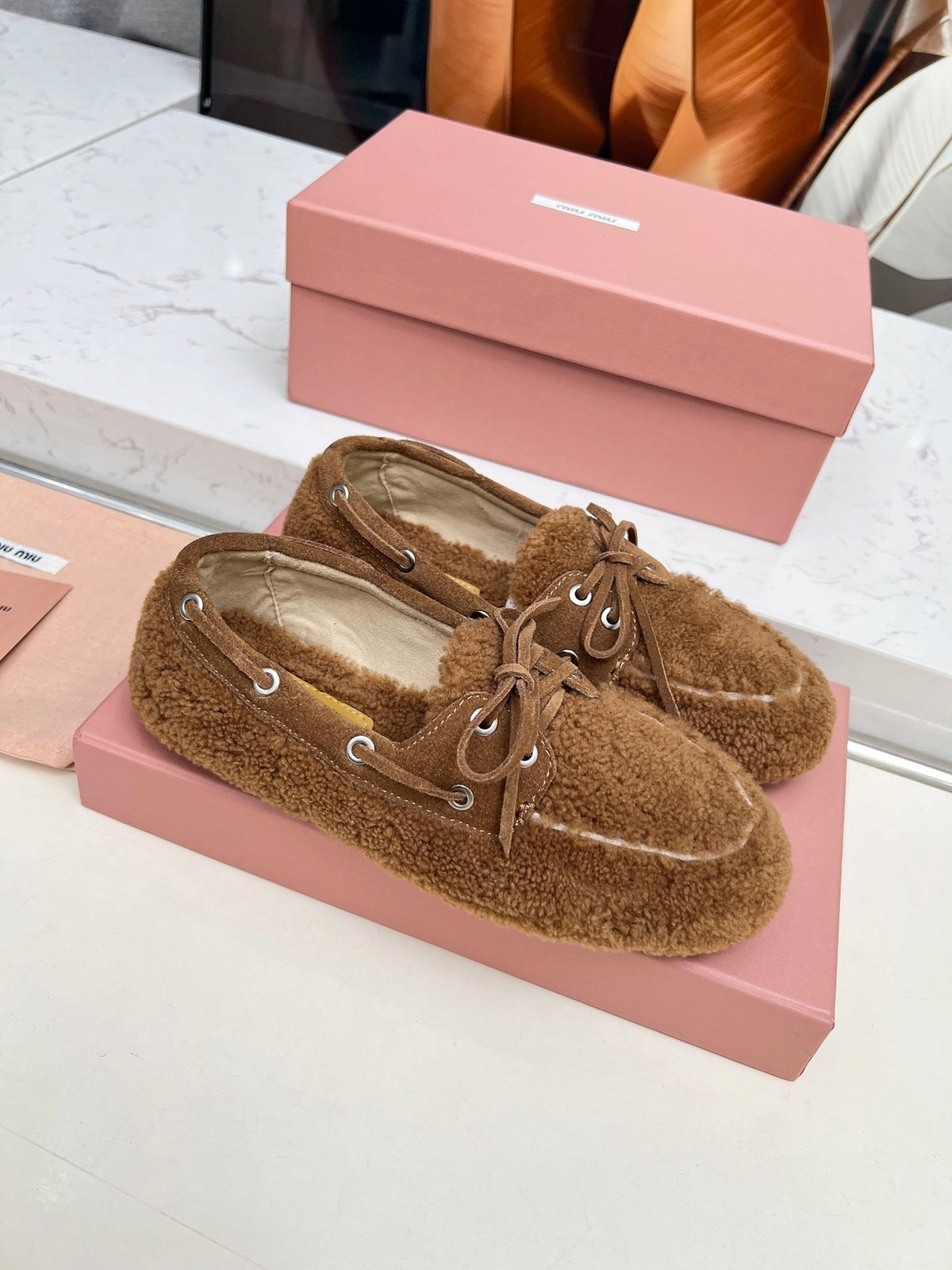 Miumiu 26s Boat Loafers Brown Shearling
