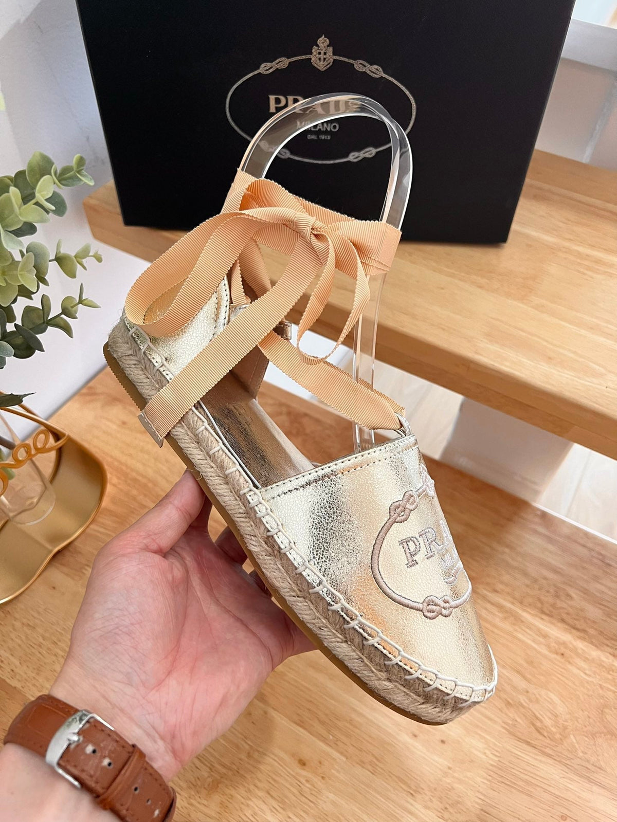 Prada 26s Lace Up Espadrille Flats Gold Calfskin