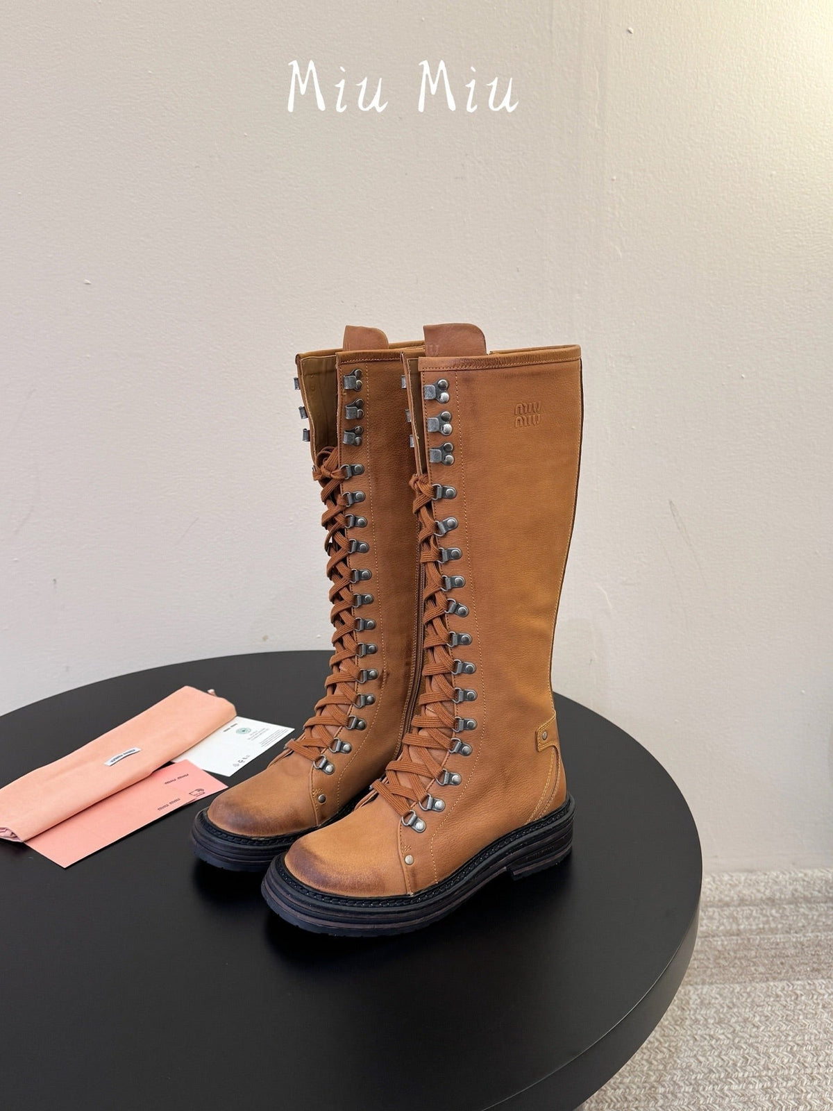 Miumiu 26s High Hiking Boots Camel Brown Calfskin
