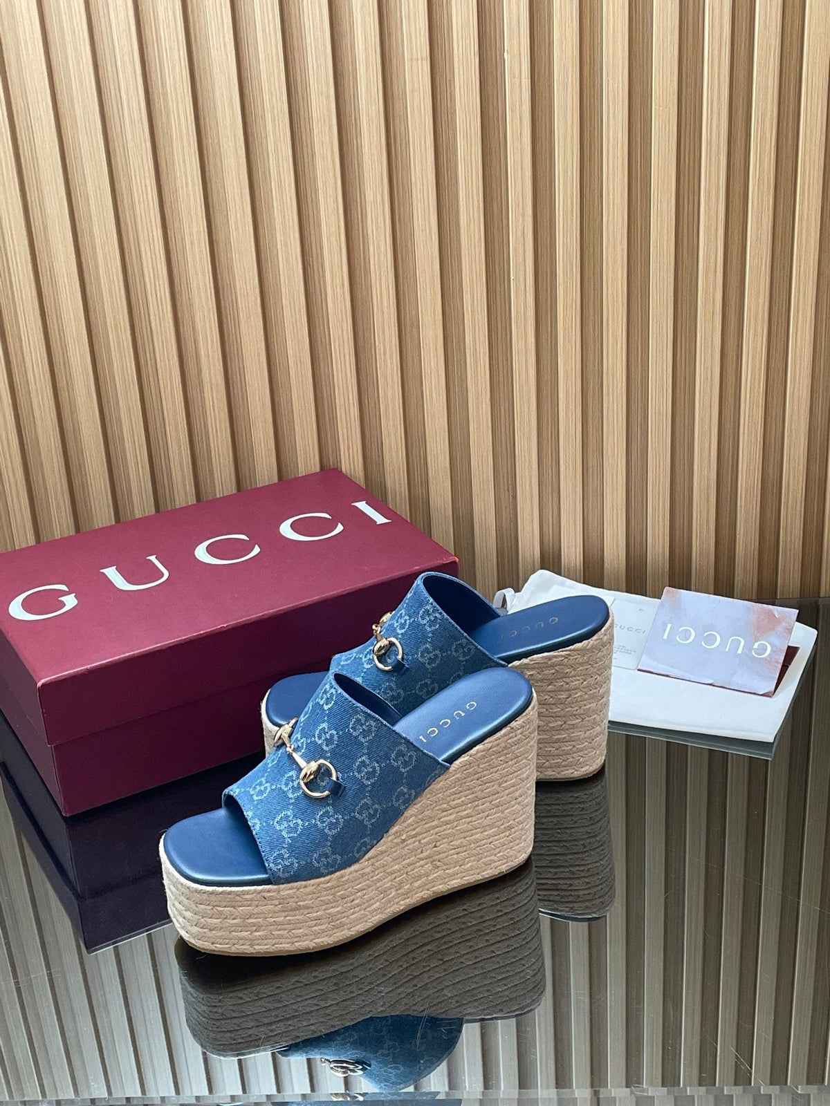 Gucci 26S Wedge Sandals 11Cm In Blue Canvas GG Monogram