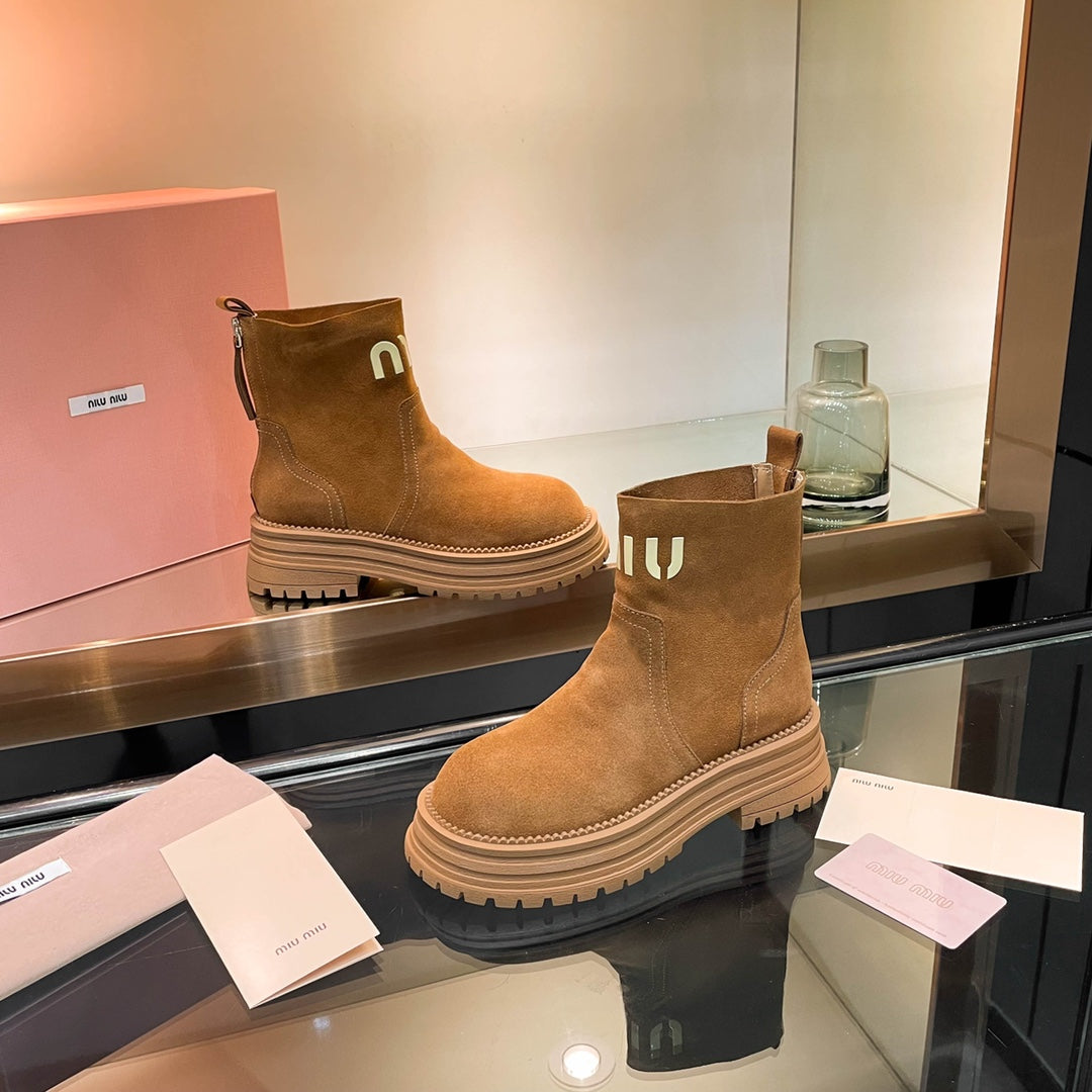 Miumiu 26s Logo Chunky Ankle Boots Camel Brown Suede