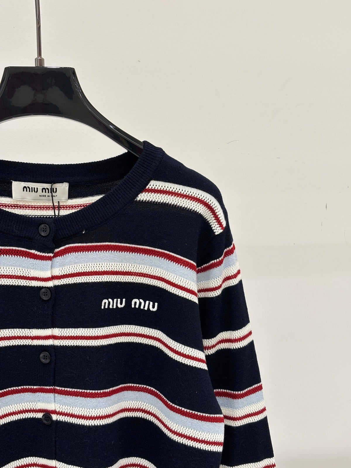 Miumiu 2026 Striped Cardigan Navy Blue Wool 431815