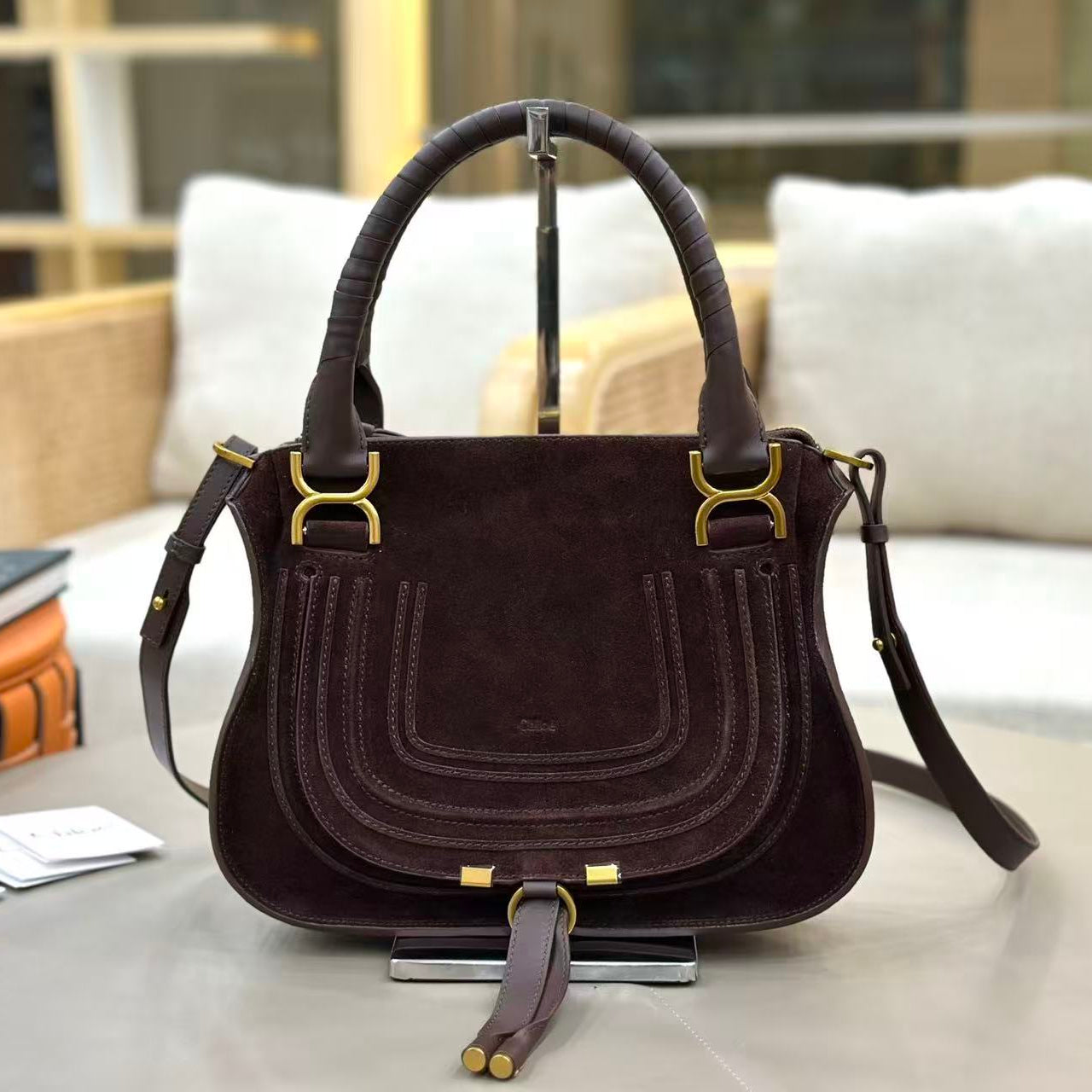 Marcie Bag In Grained Leather Dark Brown Suede